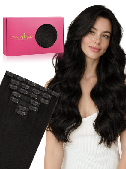 Wennalife 14 Inch Clip In Hair Extensions Natural Black front view