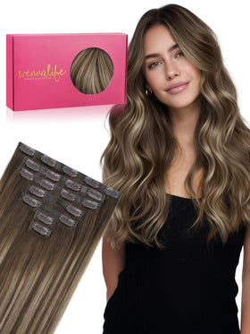 Wennalife 18 Inch Clip in Hair Extensions Balayage Chocolate Brown to Honey Blonde front view