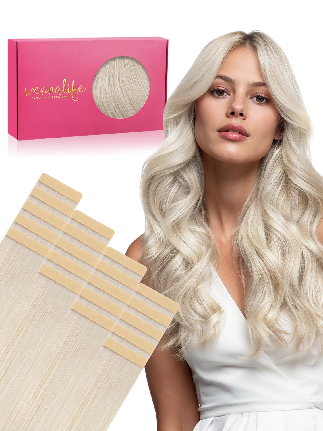 Wennalife 18 inch Tape in Hair Extensions Platinum Blonde front view