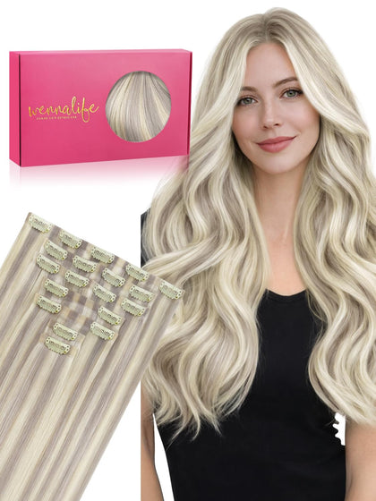 Wennalife 20 Inch Clip In Hair Extensions Ash Blonde Highlights front view