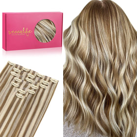 Wennalife 20 Inch Clip In Hair Extensions Ash Brown with Blonde Highlights front view