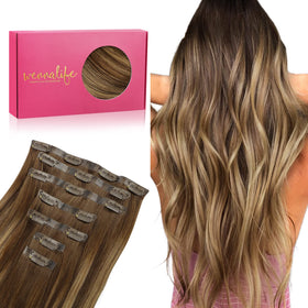 Wennalife 20 Inch Clip In Hair Extensions Balayage Chocolate Brown to Caramel Blonde front view