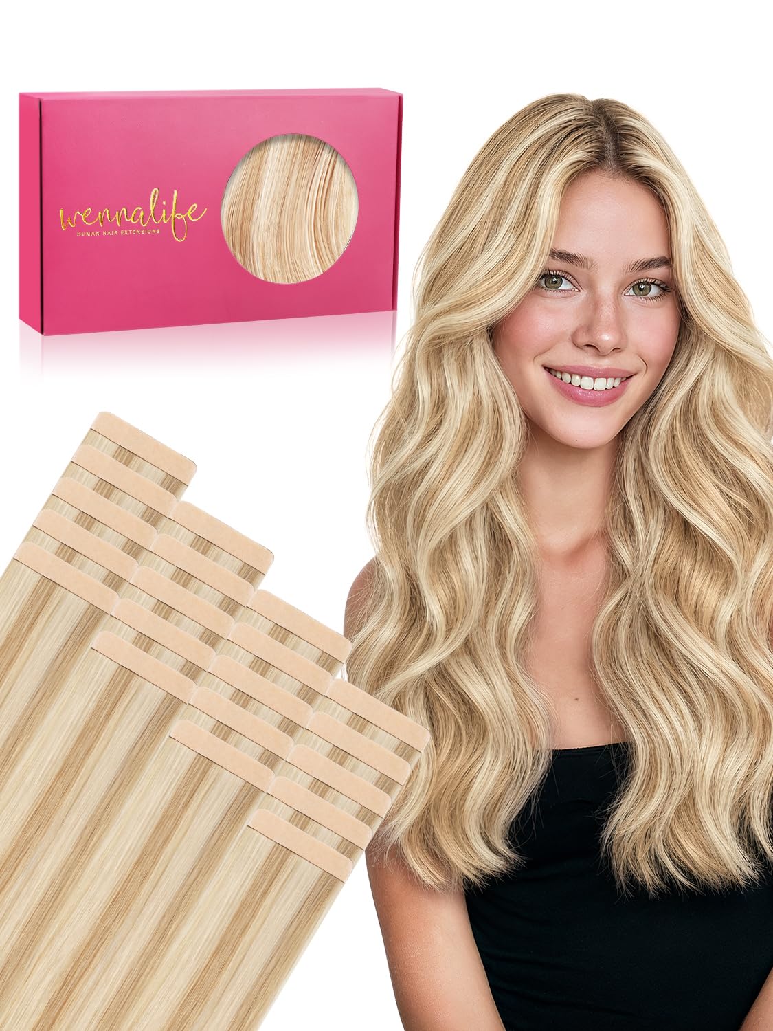 Wennalife 20 inch tape in hair extensions in dirty blonde color