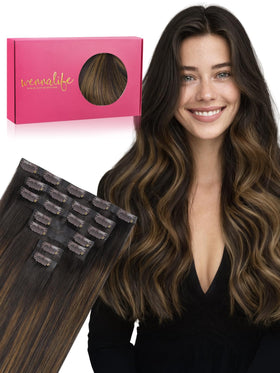 Wennalife 24 Inch Clip In Hair Extensions front view in balayage brown