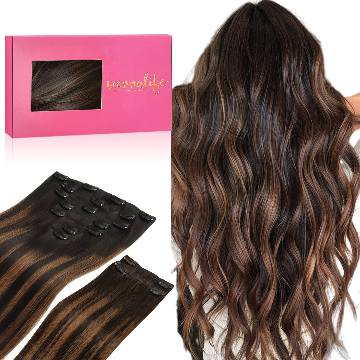 Wennalife 24 Inch Clip In Hair Extensions in Balayage Natural Black to Chestnut Brown