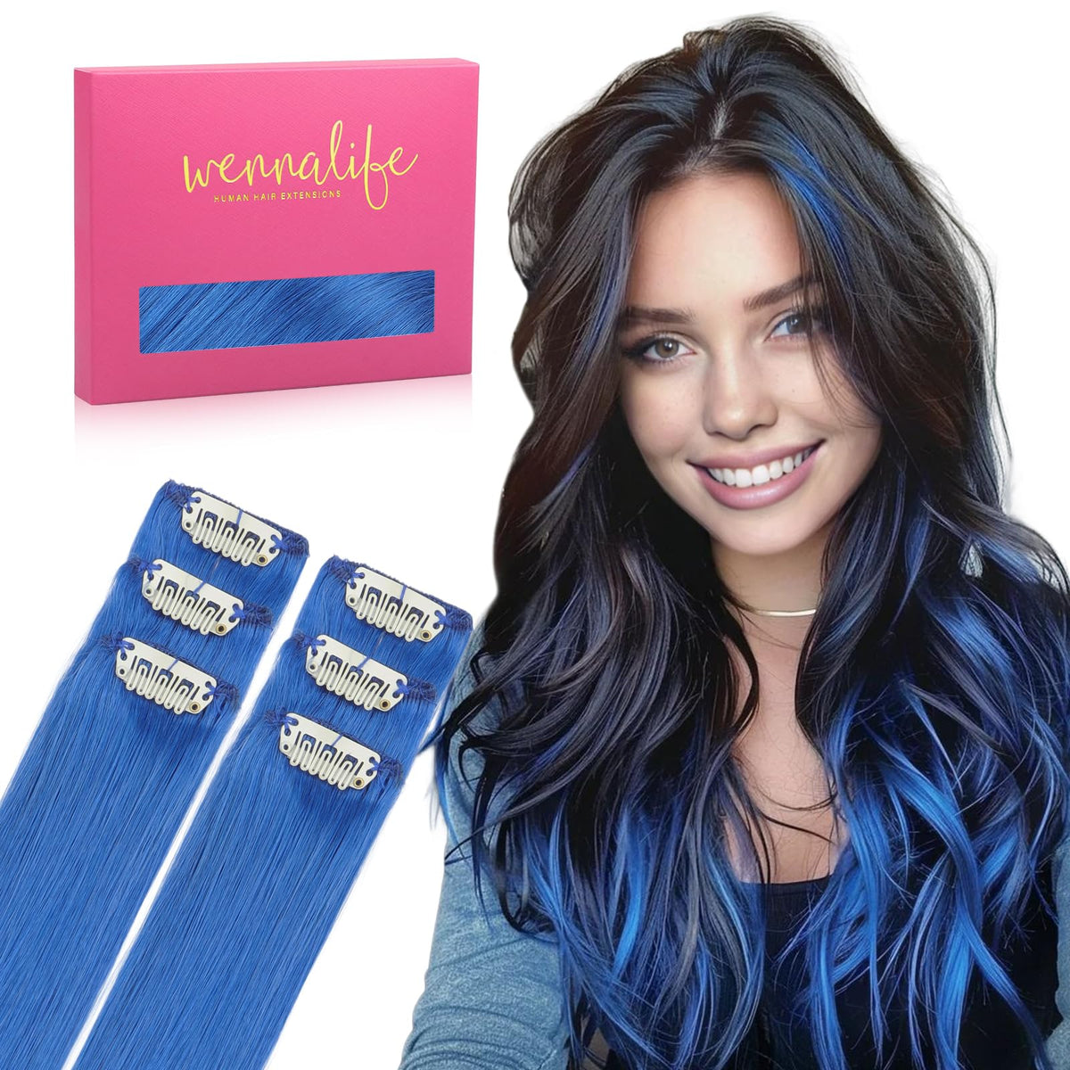 Wennalife Blue Clip-in Hair Extensions 6 pieces front view