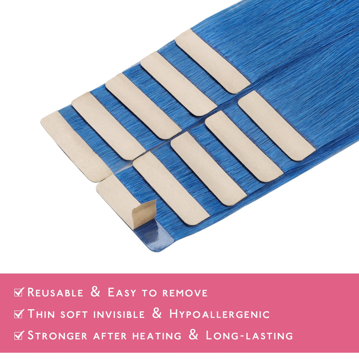 Wennalife Blue Tape in Hair Extensions 10 pieces laid out