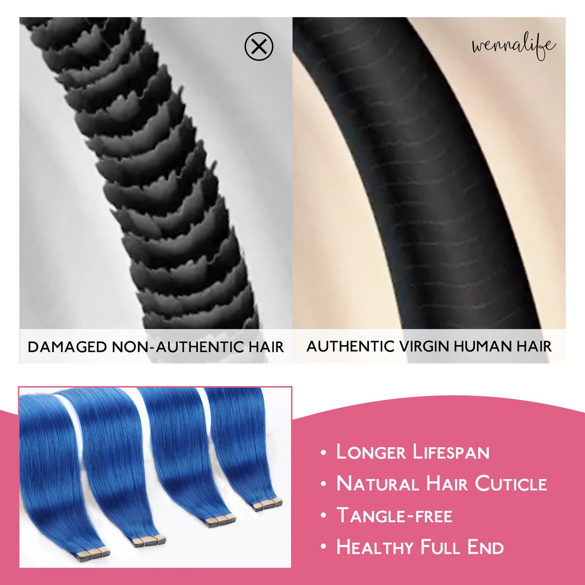 Wennalife Blue Tape in Hair Extensions close-up of tape