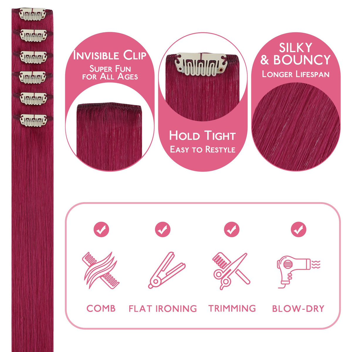 Wennalife Burgundy Red Clip-in Hair Extensions close-up of clips