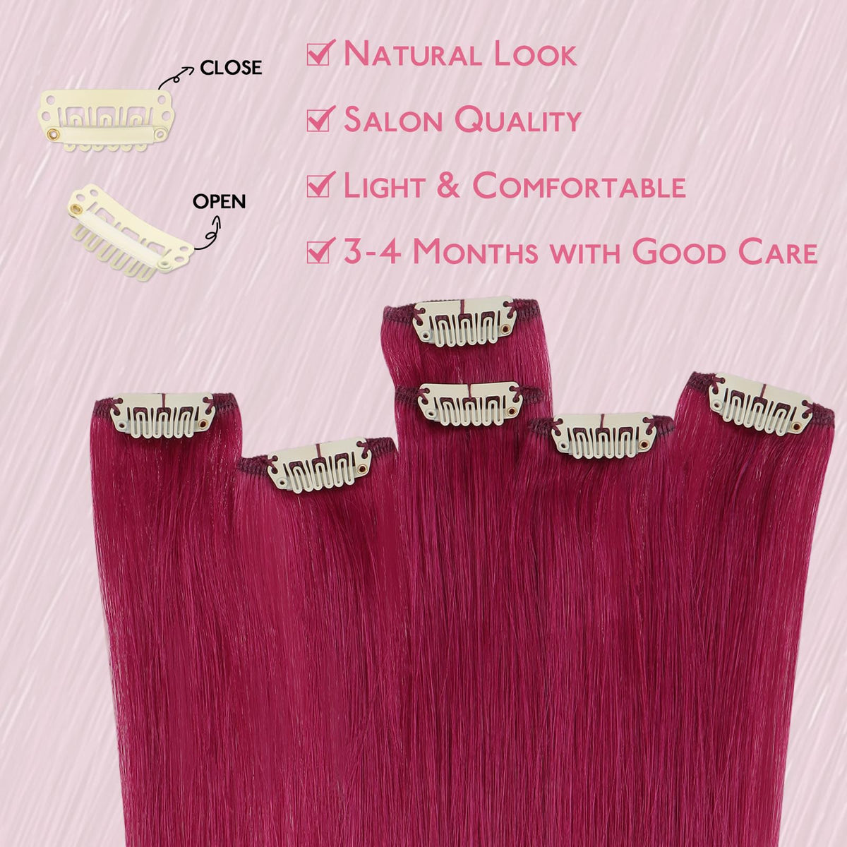Wennalife Burgundy Red Clip-in Hair Extensions displayed on a mannequin