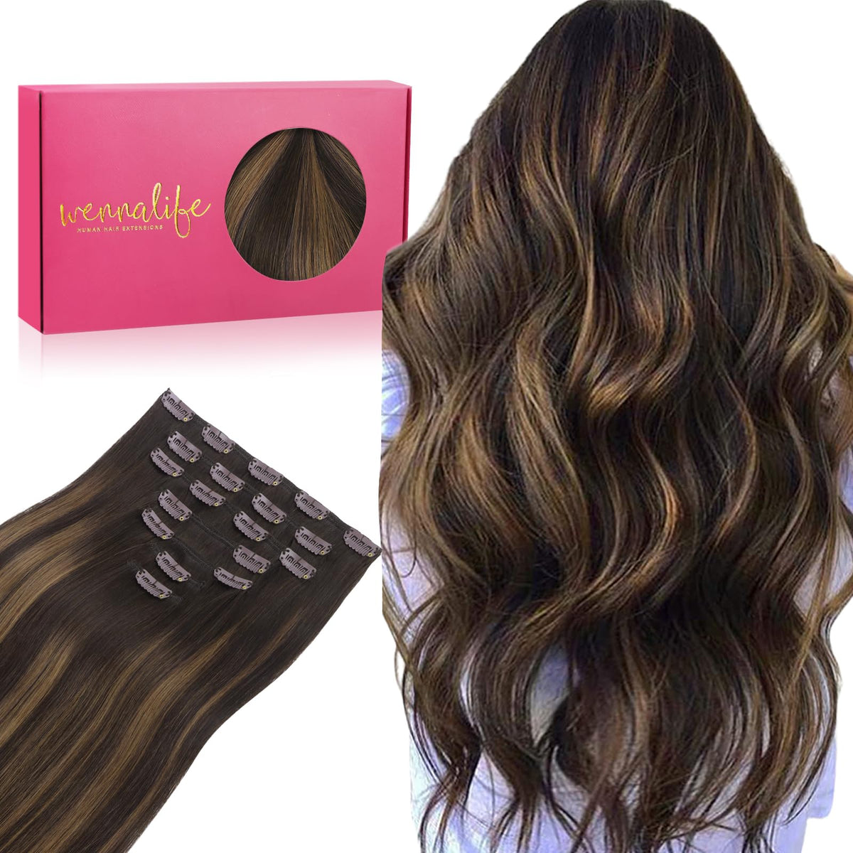 Wennalife Clip In Hair Extensions 12 Inch Balayage Dark Brown front view
