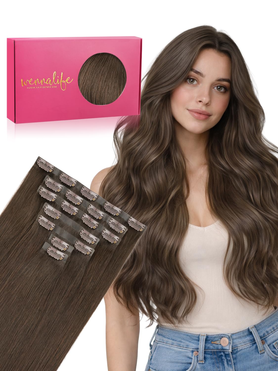 Wennalife Clip In Hair Extensions 12 Inch Muted Light Brown front view