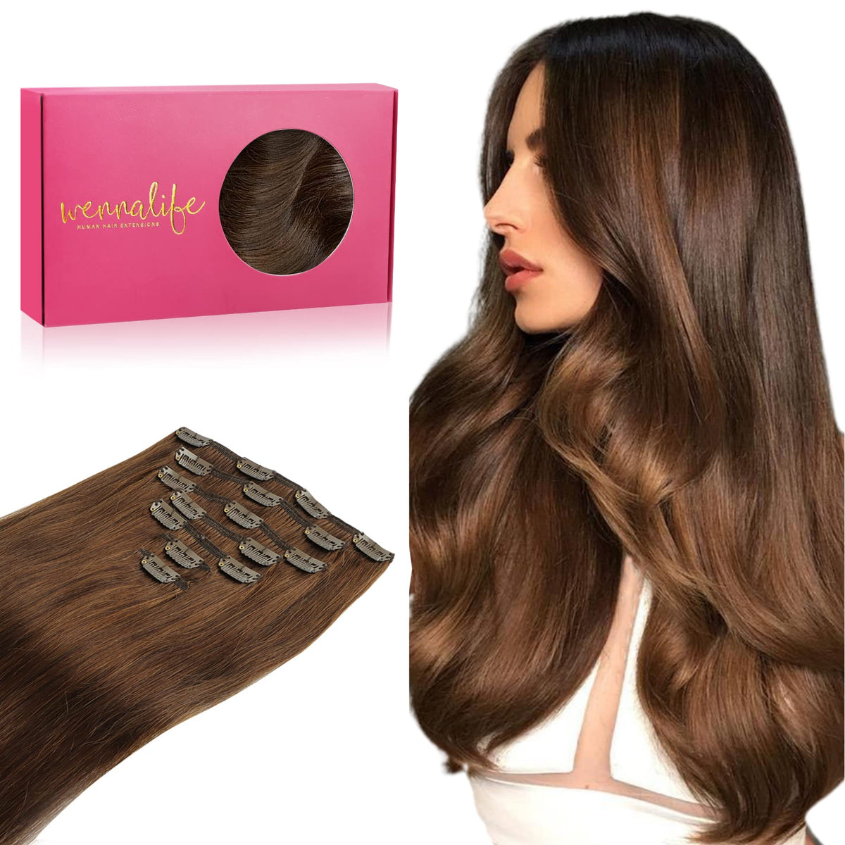 Wennalife Clip in Hair Extensions 14 Inch Chocolate Brown front view