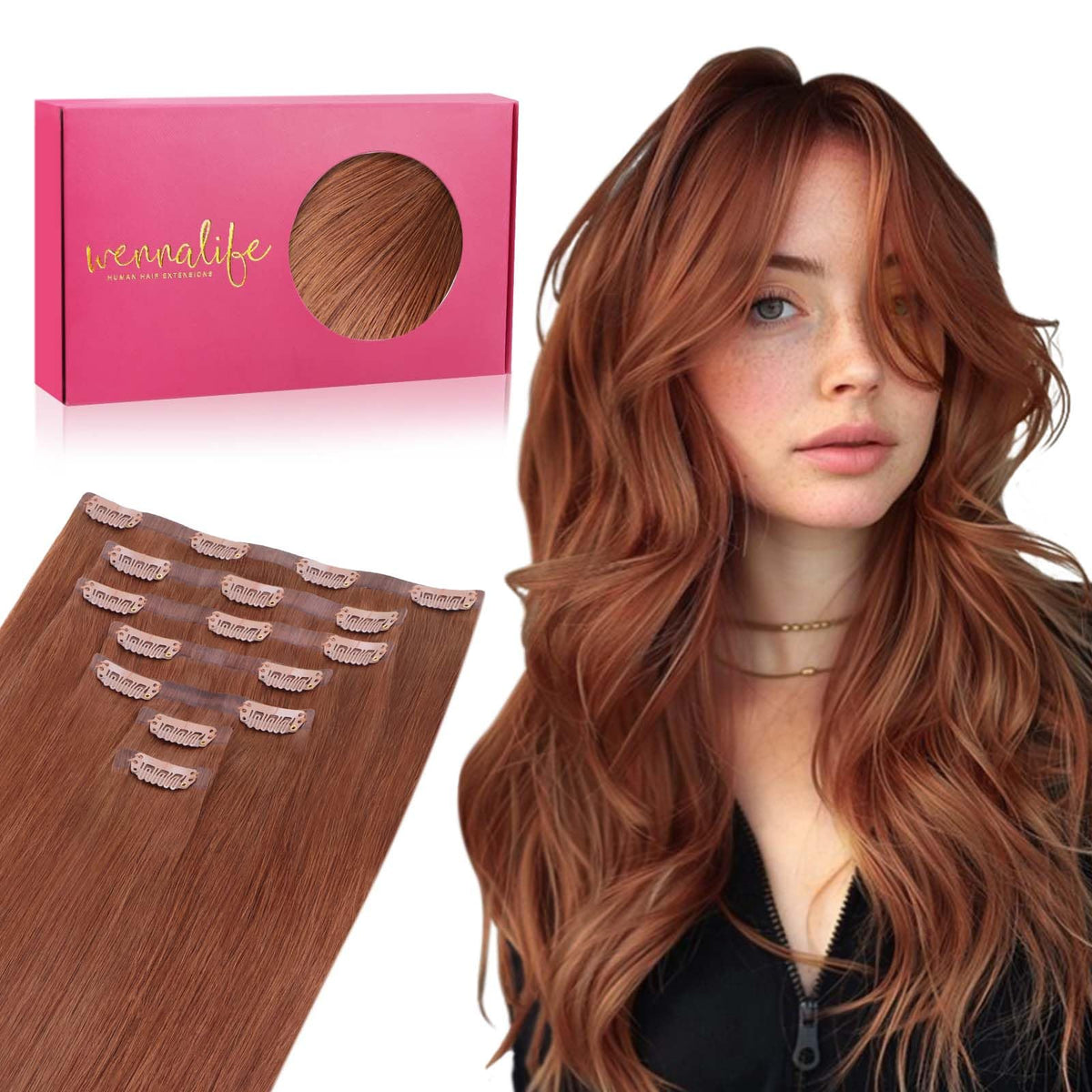 Wennalife Clip In Hair Extensions 14 Inch Cinnamon Copper front view