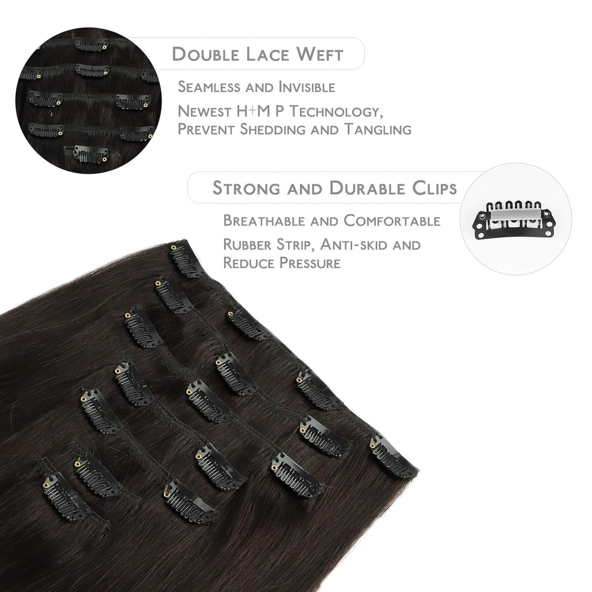 Wennalife Clip In Hair Extensions 14 Inch Dark Brown close-up of clips