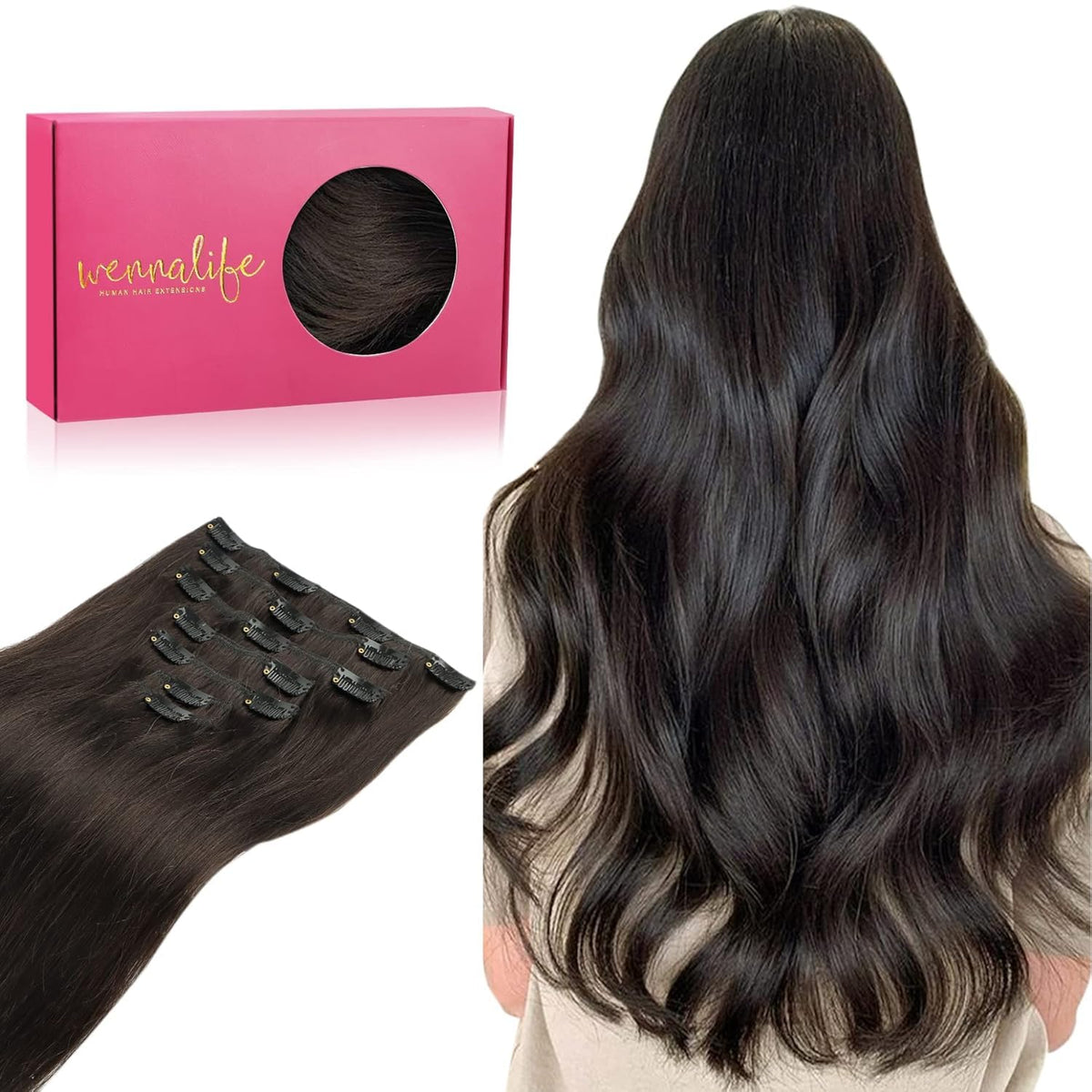 Wennalife Clip In Hair Extensions 14 Inch Dark Brown front view