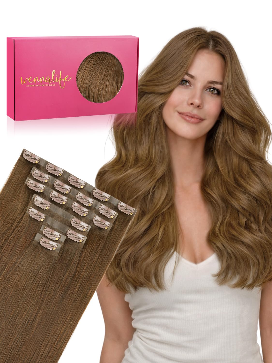 Wennalife Clip In Hair Extensions 14 Inch Light Auburn Brown front view