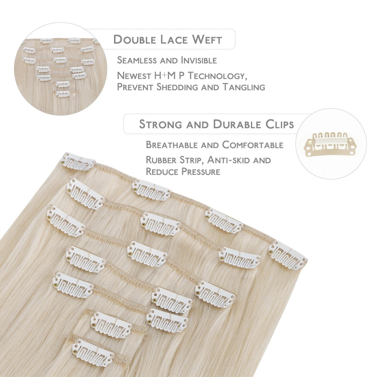 Wennalife Clip In Hair Extensions 14 Inch Platinum Blonde close-up of clips