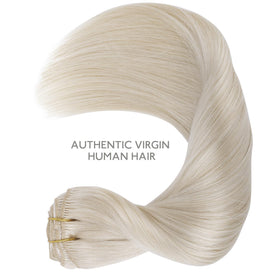 Wennalife Clip In Hair Extensions 14 Inch Platinum Blonde displayed with hair care products
