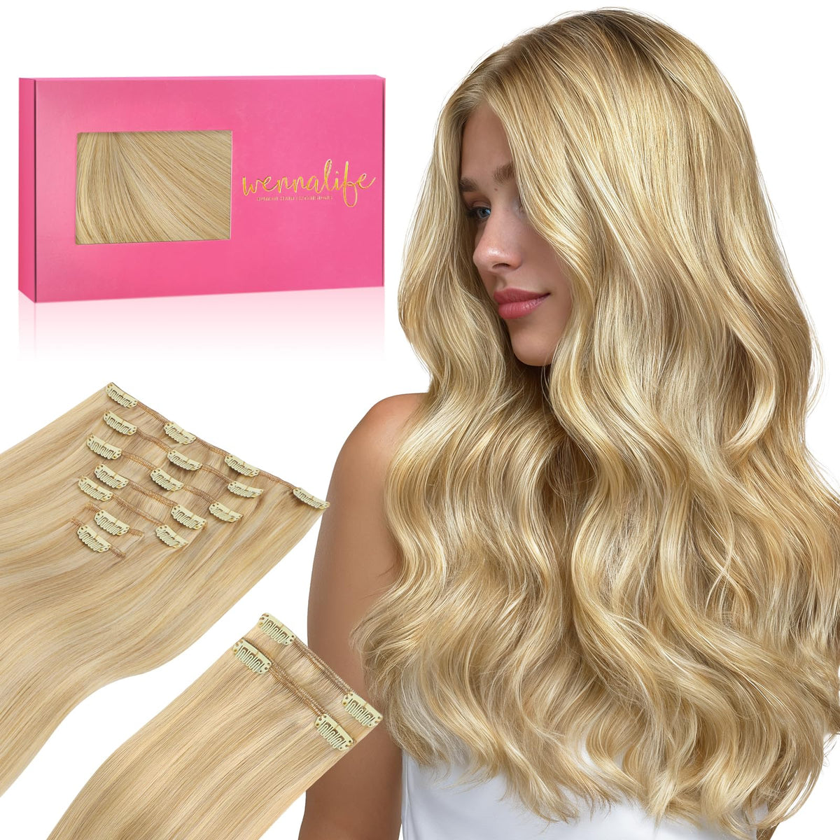 Wennalife Clip In Hair Extensions 150g 16 Inch Light Blonde front view
