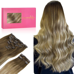 Wennalife Clip In Hair Extensions 150g 18 Inch Ombre Brown to Blonde front view