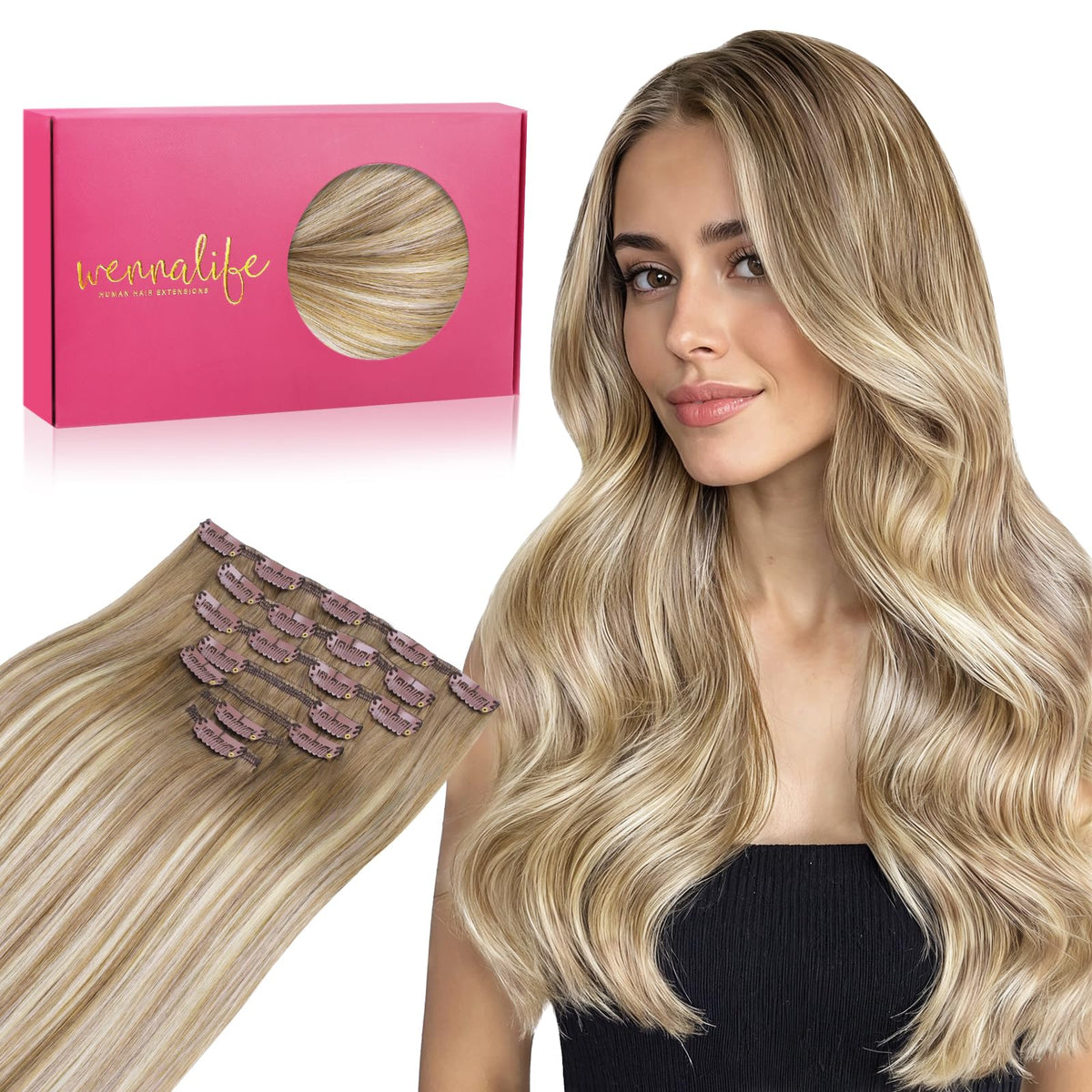 Wennalife Clip In Hair Extensions 16 Inch Balayage Dirty Blonde front view