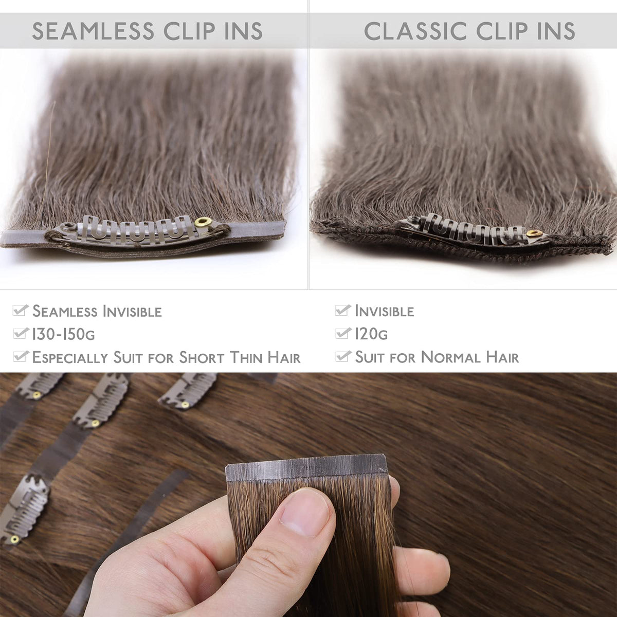 Wennalife Clip In Hair Extensions 16 Inch Chocolate Brown clips close-up