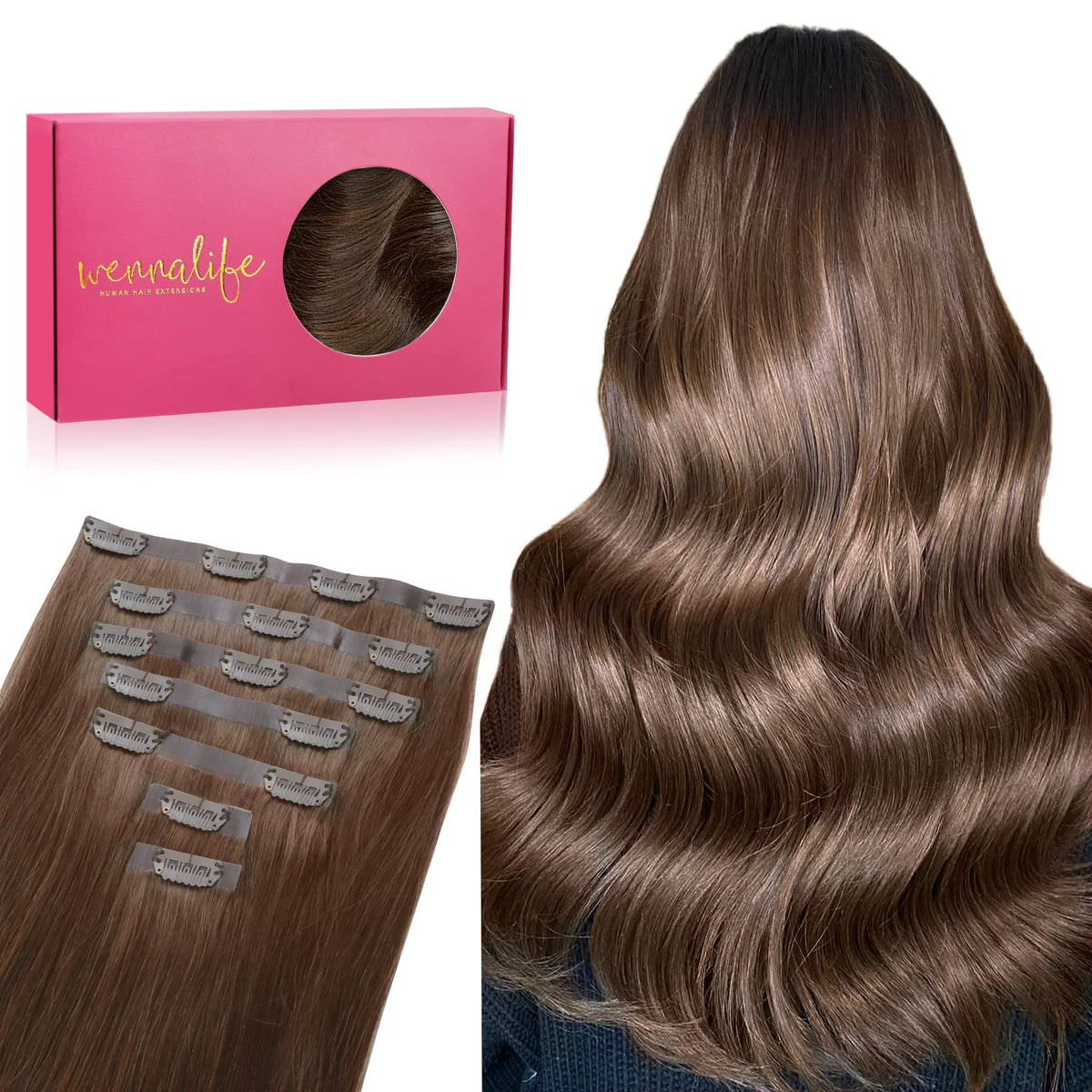 Wennalife Clip In Hair Extensions 16 Inch Chocolate Brown front view