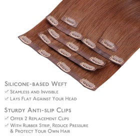 Wennalife Clip In Hair Extensions 16 Inch Cinnamon Copper displayed on a mannequin