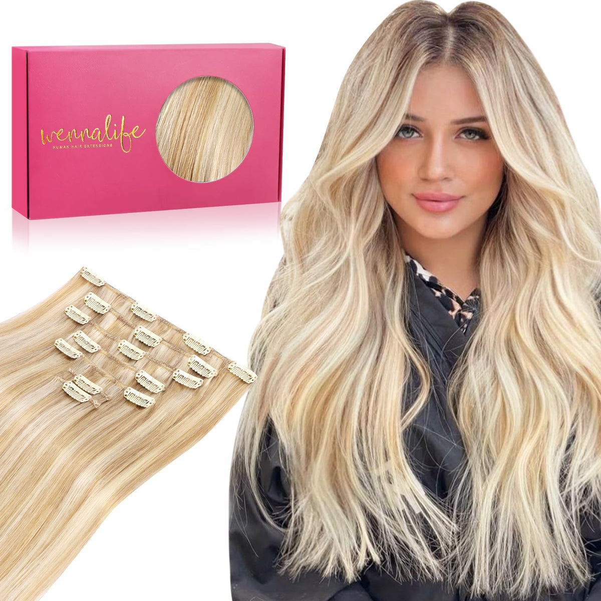 Wennalife Clip In Hair Extensions 16 Inch Dirty Blonde front view