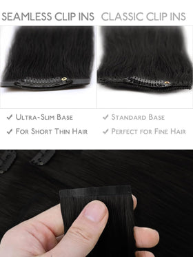 Wennalife Clip In Hair Extensions 16 Inch Jet Black displayed on a model
