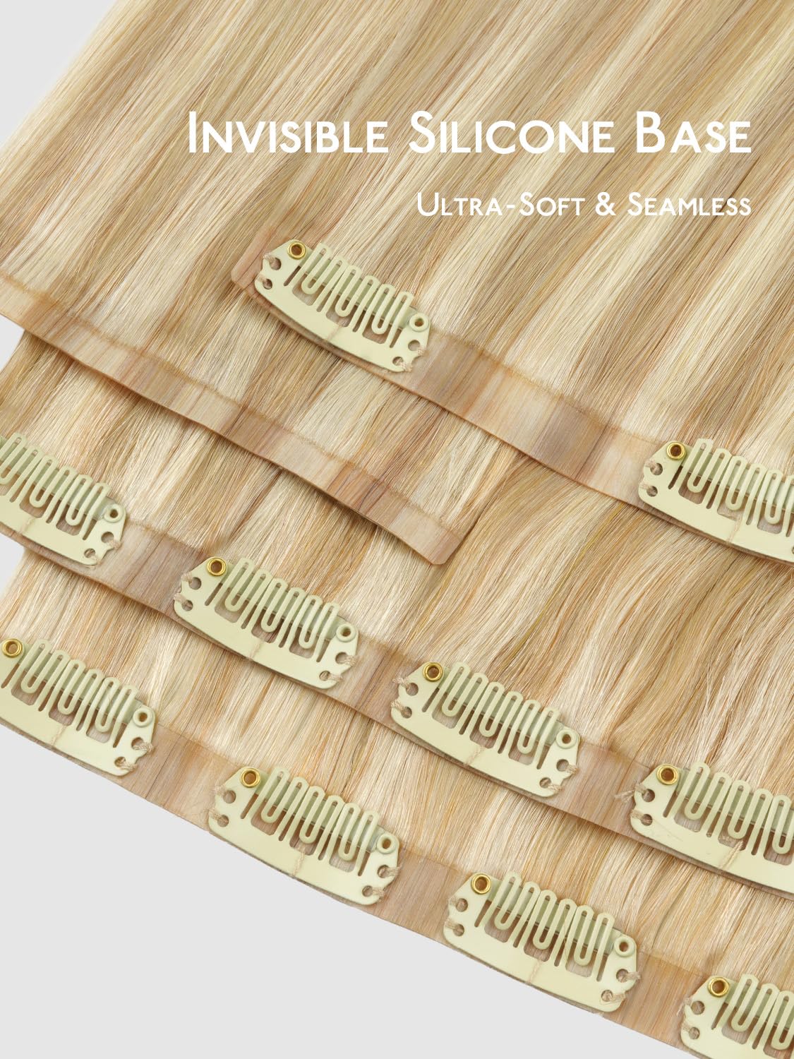 Wennalife Clip in Hair Extensions 16 Inch Light Blonde close-up of clips