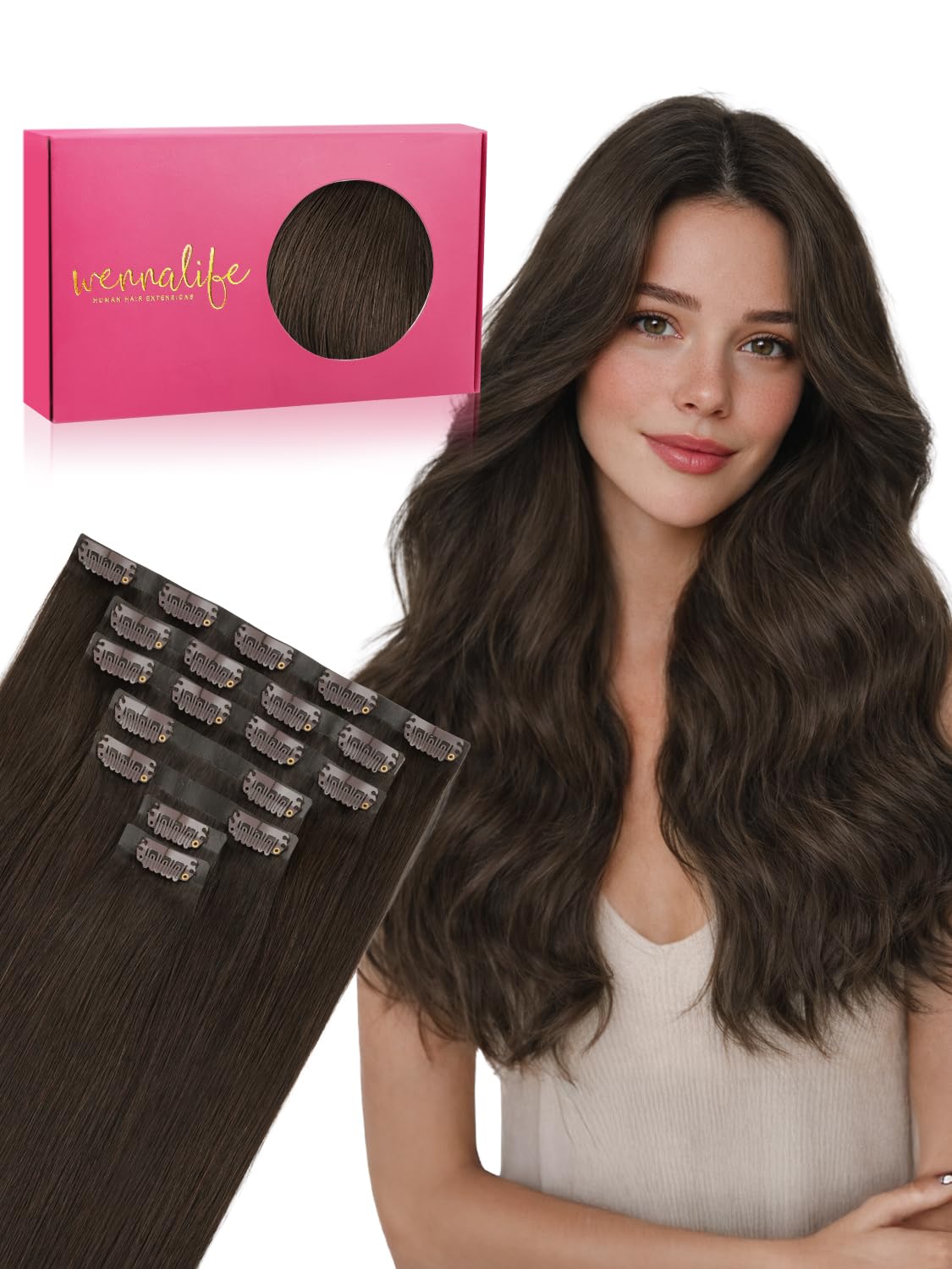 Wennalife Clip in Hair Extensions 16 Inch Light Dark Brown front view