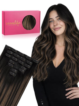 Wennalife Clip In Hair Extensions 16 Inch Natural Black Chestnut Brown front view