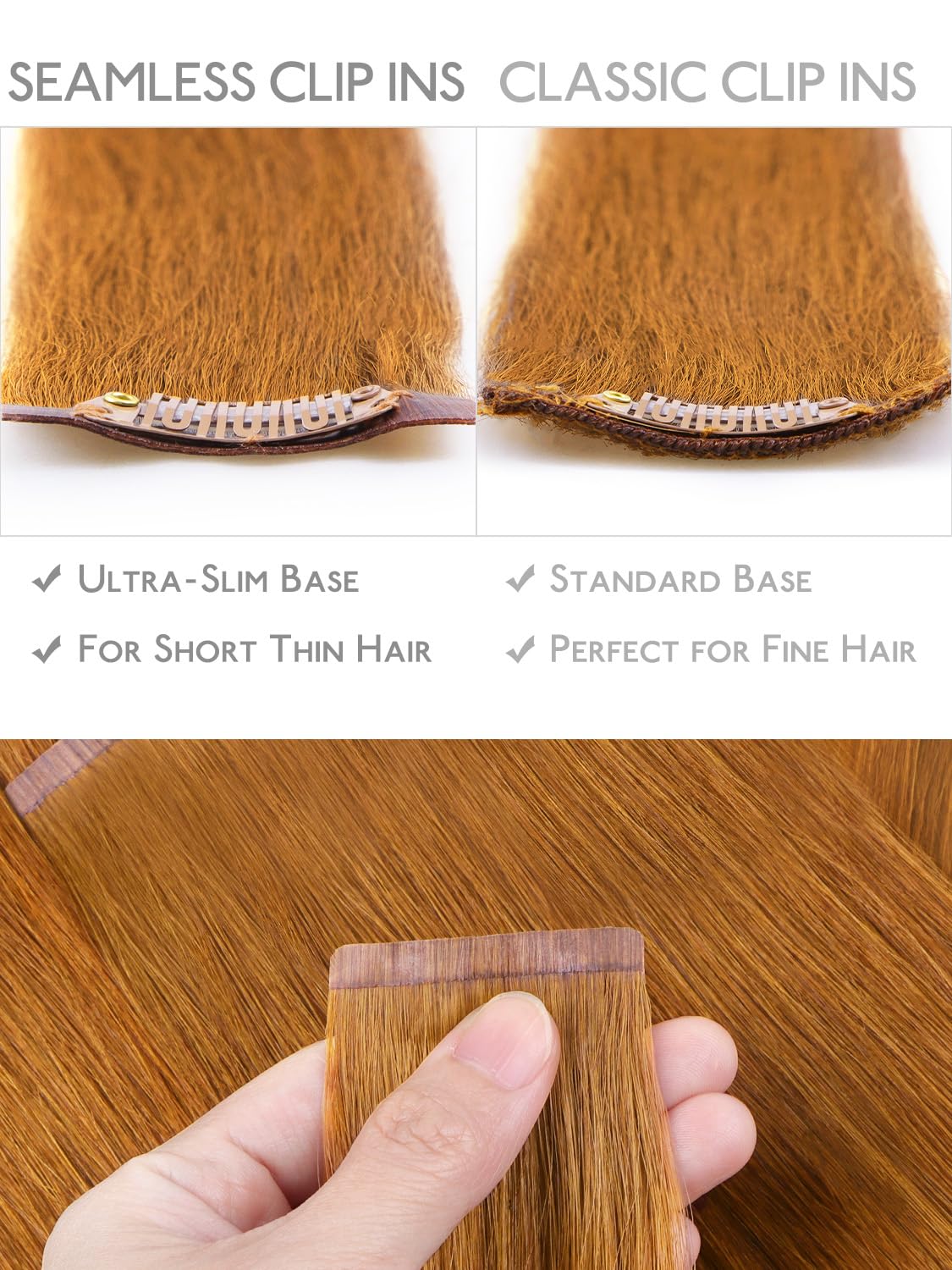Wennalife Clip In Hair Extensions 18 Inch Auburn Ginger displayed on a model