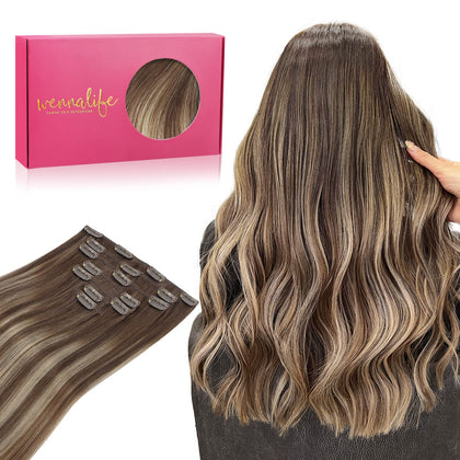 Wennalife Clip In Hair Extensions 18 Inch Balayage Chocolate Brown to Honey Blonde front view