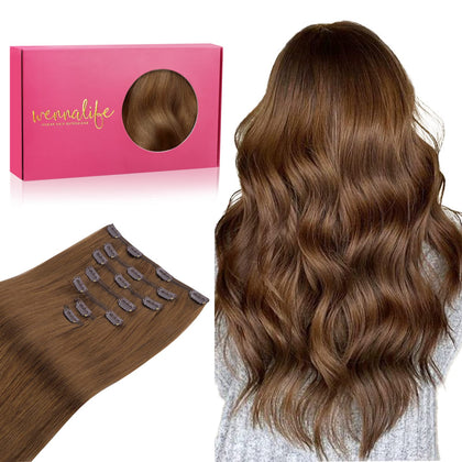 Wennalife Clip In Hair Extensions 18 Inch Light Auburn Brown front view
