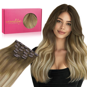 Wennalife Clip In Hair Extensions 18 Inch Ombre Walnut Brown to Ash Brown and Bleach Blonde
