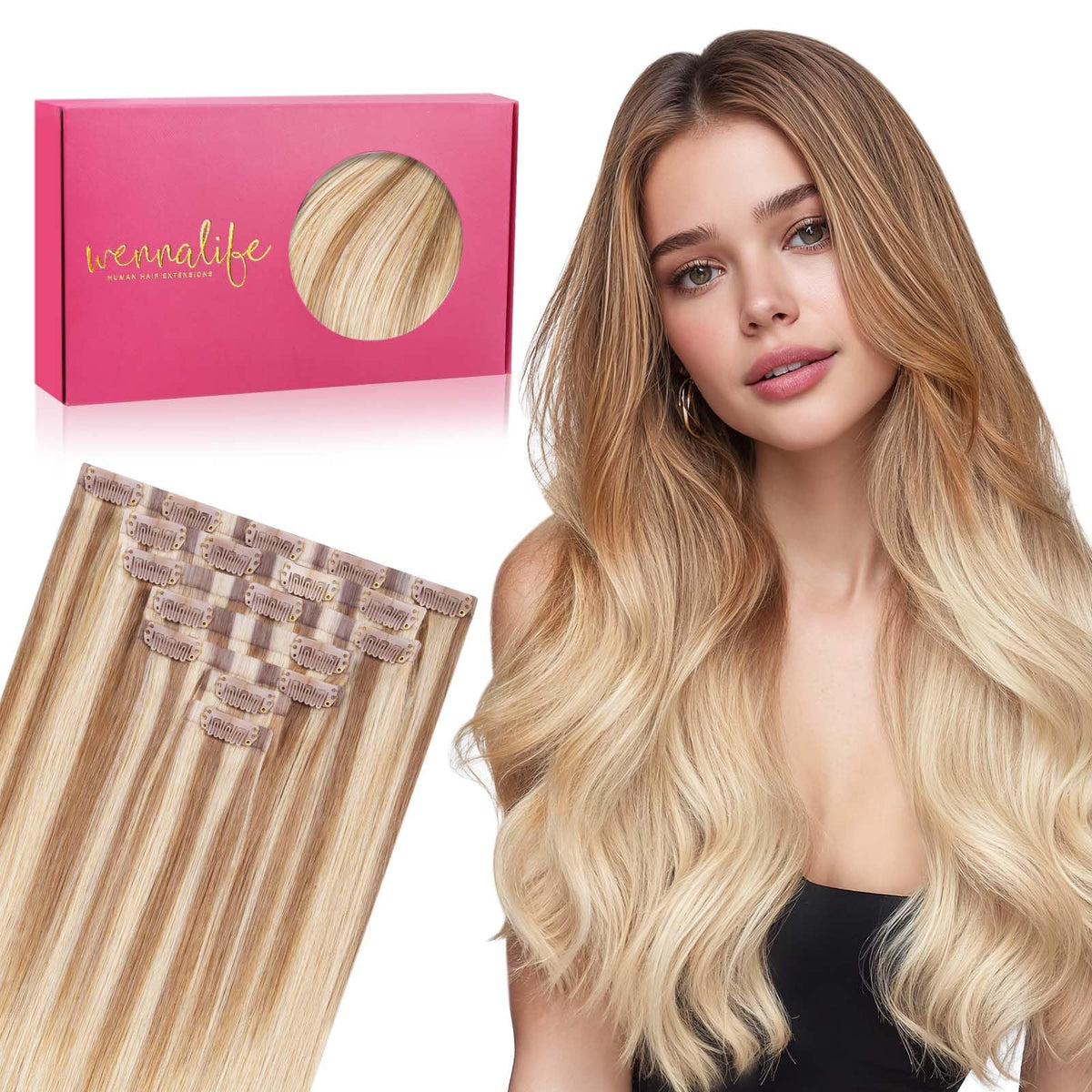 Wennalife Clip In Hair Extensions 20 Inch Ash Beige Blonde front view