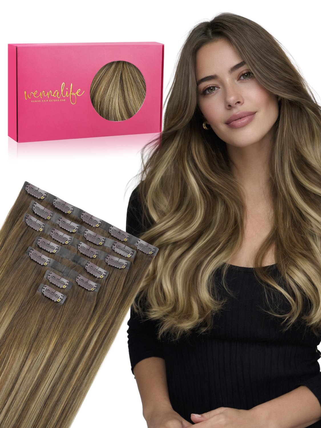 Wennalife Clip in Hair Extensions 20 Inch Balayage Chocolate Brown to Caramel Blonde front view