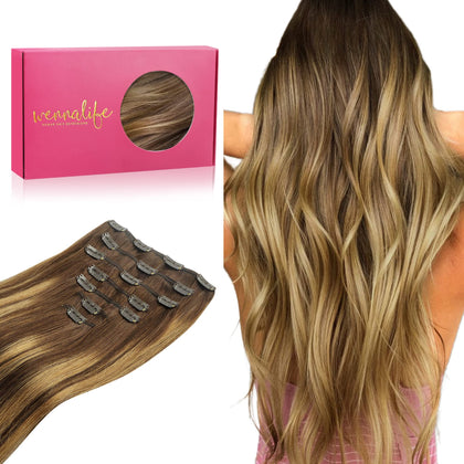 Wennalife Clip In Hair Extensions 20 Inch Balayage Chocolate Brown to Caramel Blonde front view