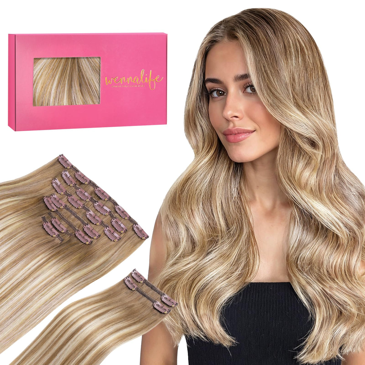 Wennalife Clip In Hair Extensions 20 Inch Balayage Dirty Blonde front view