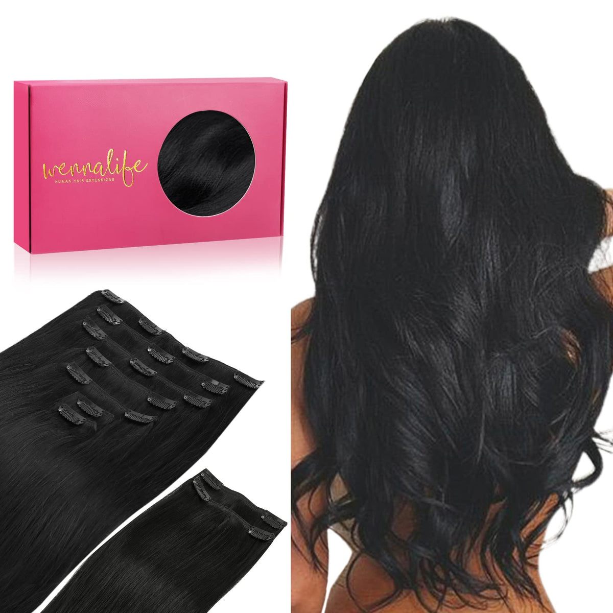 Wennalife Clip In Hair Extensions 20 Inch Jet Black front view