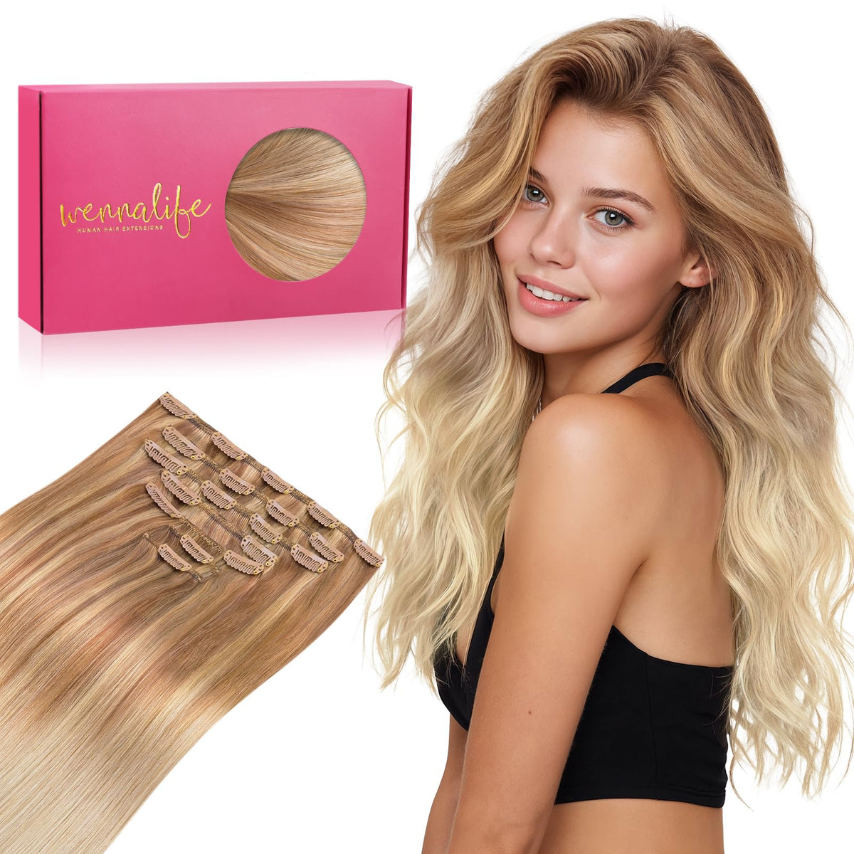 Wennalife Clip In Hair Extensions 22 Inch Ash Beige Blonde Blend front view