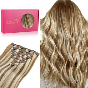 Wennalife Clip In Hair Extensions 22 Inch Ash Brown with Platinum Blonde Highlights front view