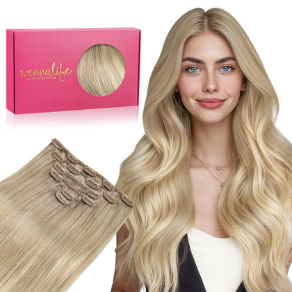 Wennalife Clip In Hair Extensions 22 Inch Balayage Dirty Blonde to White Blonde front view