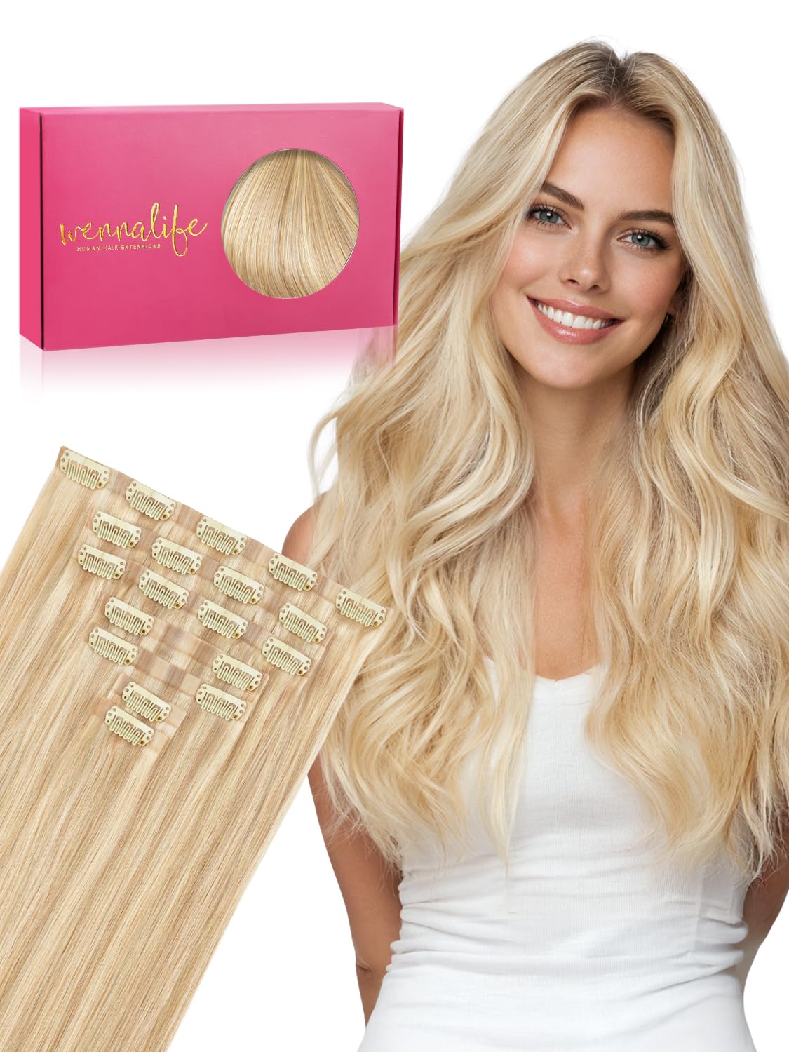 Wennalife Clip in Hair Extensions 22 Inch Dirty Blonde front view
