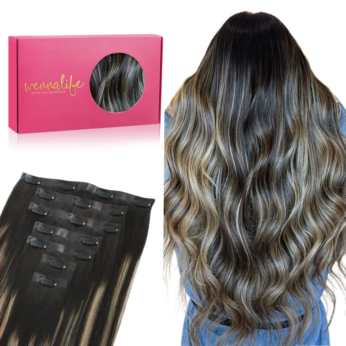 Wennalife Clip In Hair Extensions 22 Inch front view in natural black to light blonde