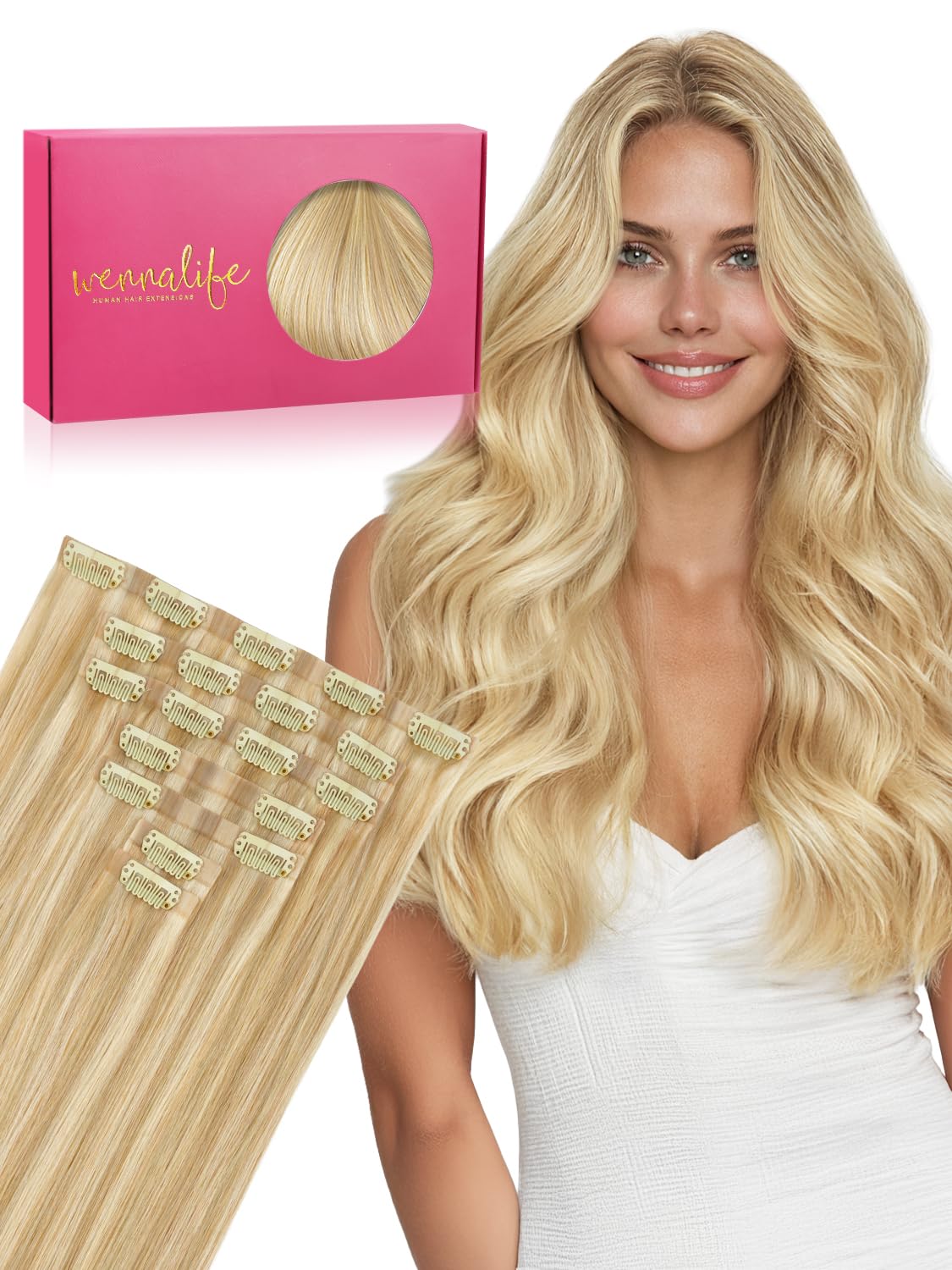 Wennalife Clip in Hair Extensions 22 Inch Light Blonde front view