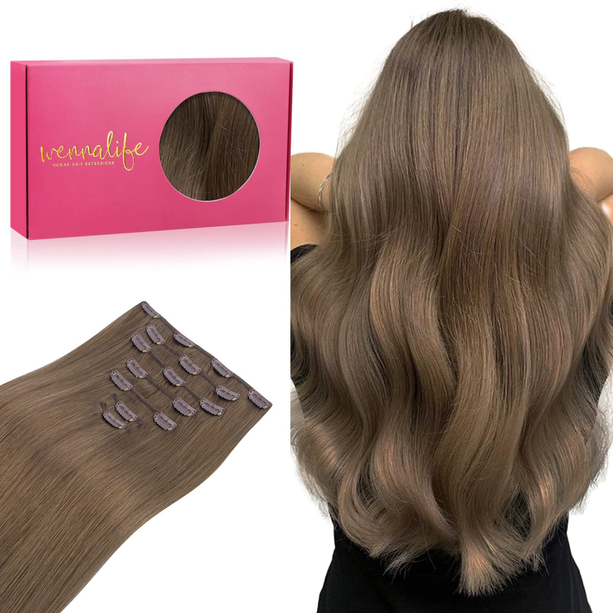 Wennalife Clip In Hair Extensions 22 Inch Muted Light Brown front view